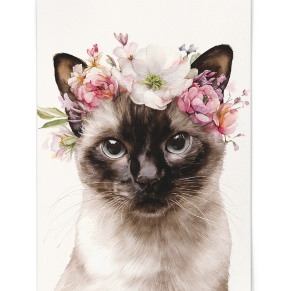 Watercolor Siamese Cat with Flower Crown Wall Art Print Unframed - Picture 2 of 6